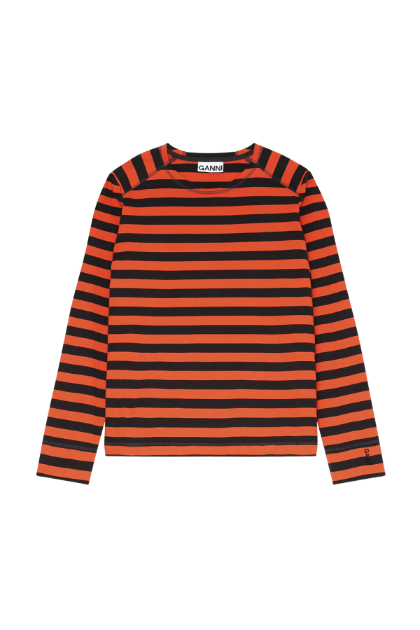 Ganni T2714 Striped Cotton Jersey Pullover Flame
