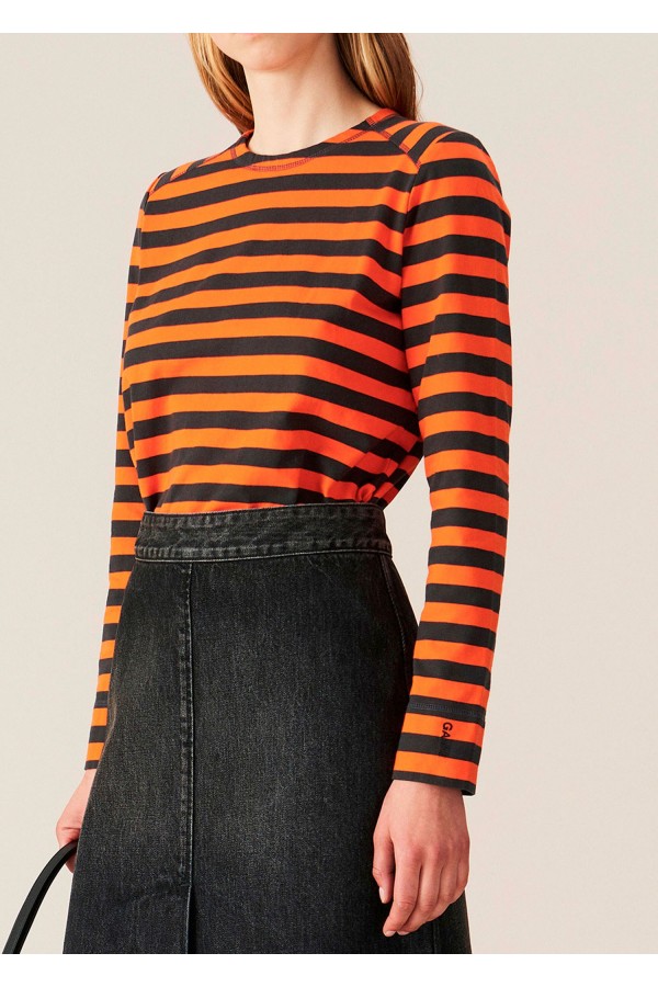 Ganni T2714 Striped Cotton Jersey Pullover Flame