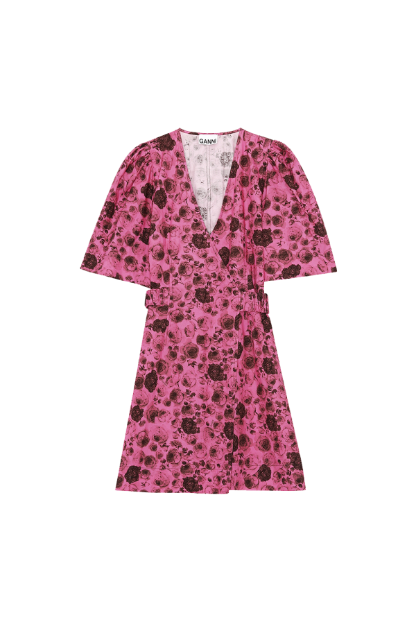 Ganni F6029 Printed Cotton Poplin Mini Dress Shocking Pink